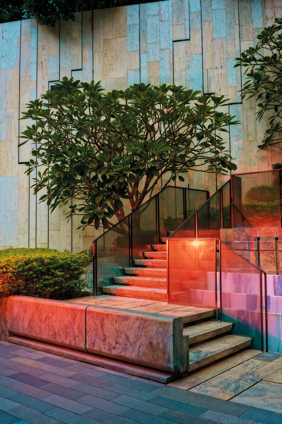 Frangipanier au-dessus de marches de pierre aux garde-corps de verre contre un mur à parement géométrique, lumière rouge chaude sur l’escalier.