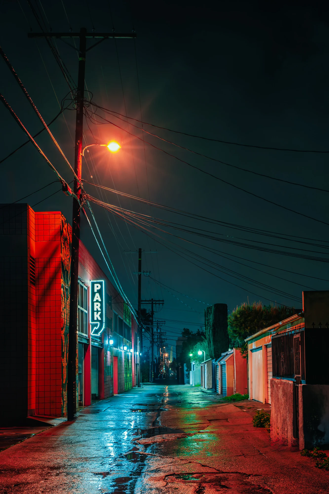 Wet back alley at night with a glowing "PARK" neon sign on a red building, an orange streetlight and tangled power lines.