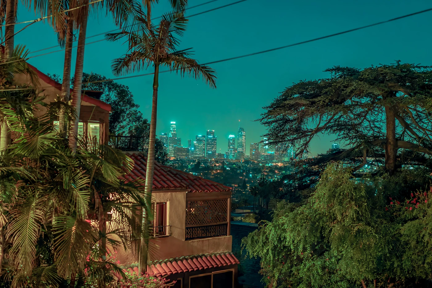 Downtown Los Angeles skyline in the distance at night, framed by palm trees, a cedar and a tiled-roof house under a turquoise sky.