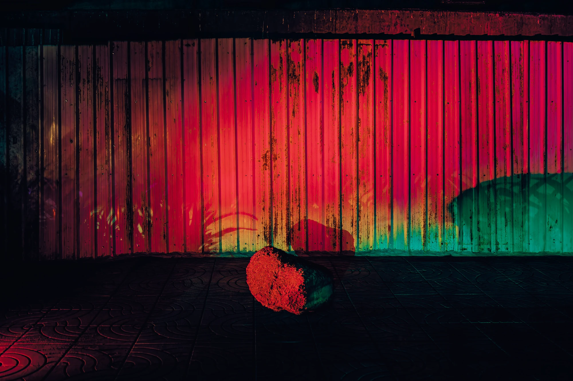 Lone stone on a patterned pavement in front of a corrugated metal fence lit red and green, plant shadows on the fence.